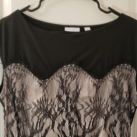 New York & Company Black and Tan Asymmetrical Embellished Blouse - Picture 3 of 5